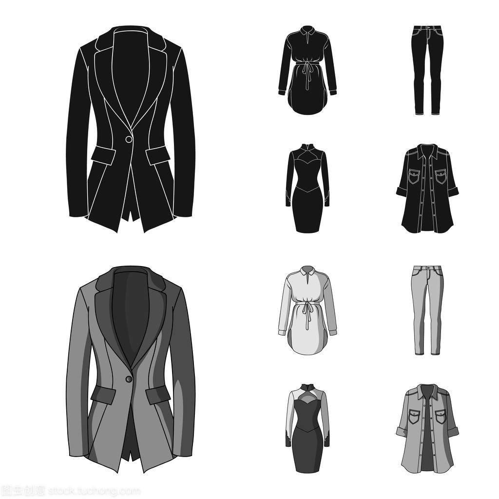 女式服装黑色, monochrom 图标在集合中设计。服装品种及配件矢量符号股票 web 插图